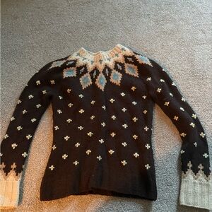 J. Crew Brown Fair Isle Crewneck Sweater with Cream & Blue Accents